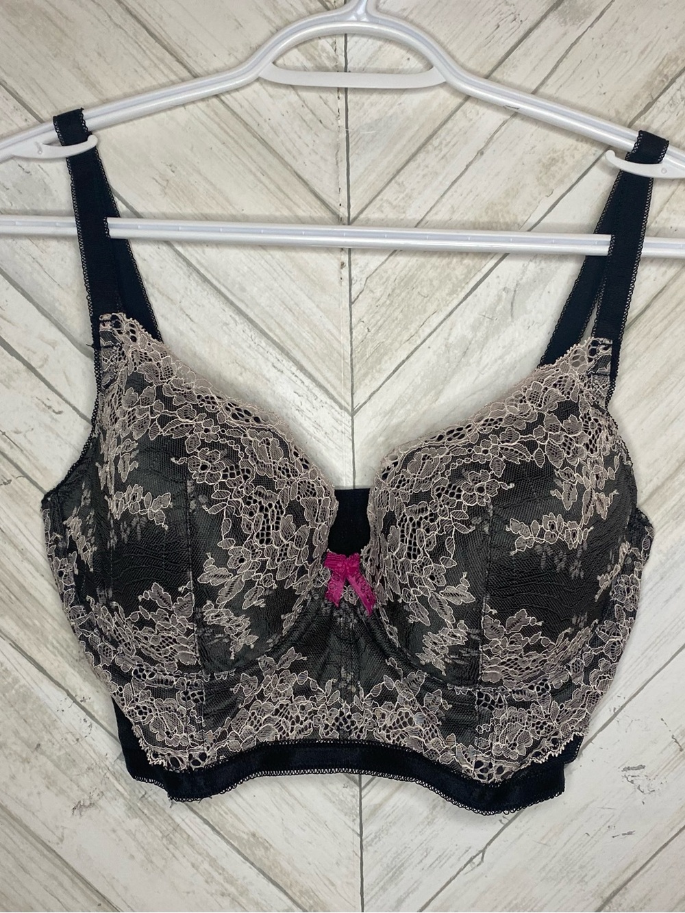 Victoria's Secret Black Lace Bra with Beige Overlay and Pink Bow